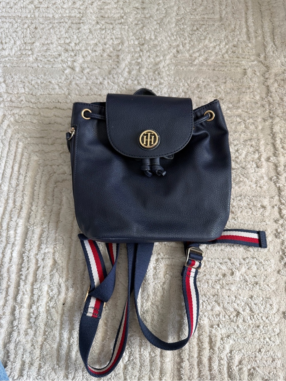 Tommy Hilfiger Navy Pebble Leather Backpack with Striped Webbing